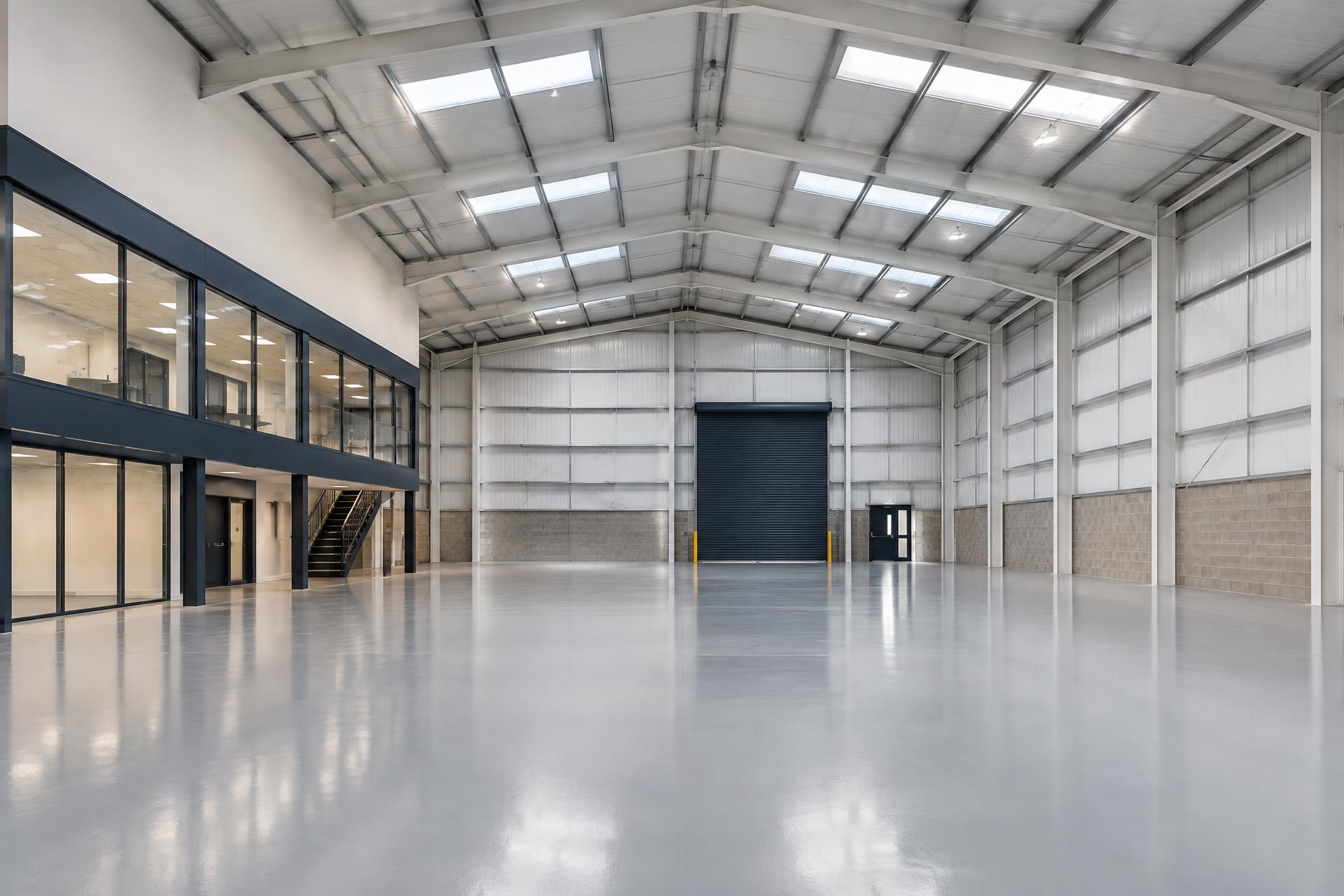 Refurbished industrial warehouse interior with resin floor and glazed mezzanine office